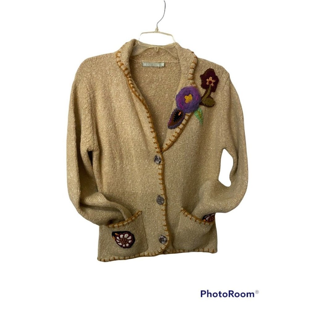 Relais Mohair Blend Floral Applique Sweater 3 Button‎ Sweater -Size S